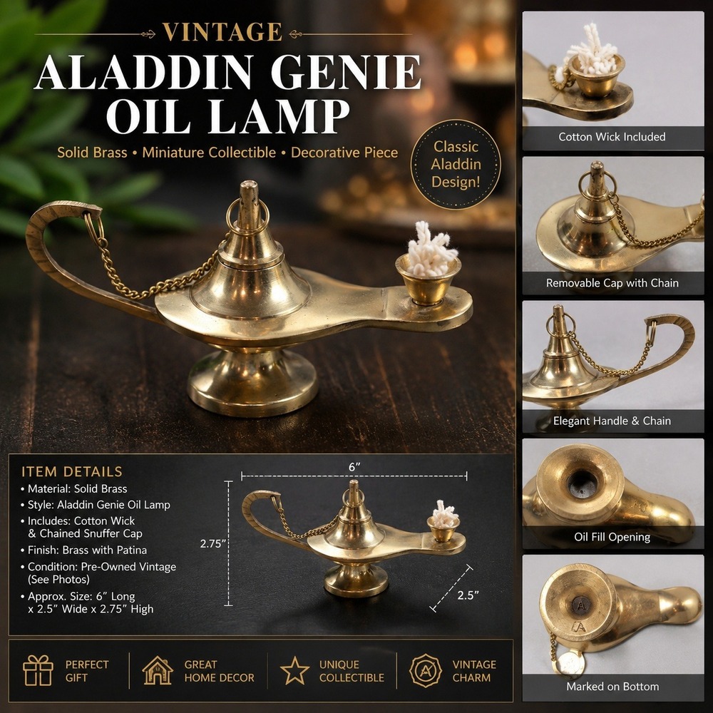 Vintage Solid Brass Aladdin Genie Oil Lamp Miniature Collectible with Wick